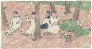 Gruppe von Menschen unter Bäumen sitzend von Adolf le Comte