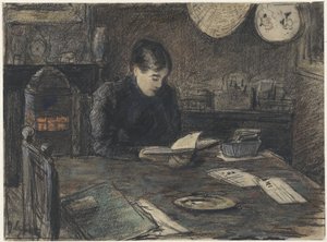 Lesende Frau an einem Tisch von Adolf le Comte