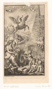 Allegorische Darstellung mit schreibender Frau, Büsten, Pegasus und Apollo