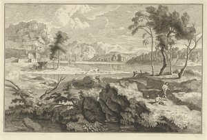 Arkadische Landschaft mit Felsen und Fluss von Adolf van der Laan