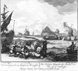 „Schießen, Knüppeln und Harpunieren der Walrosse“ (Nr. 9 aus der Serie über den Walfang) von Adolf van der Laan