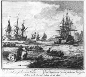 „Segeln im Eis und Suche nach dem Wal“ (Nr. 1 aus der Serie Walfang) von Adolf van der Laan