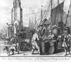 „Das Verpacken der Heringe in Fässer“ (Nr. 12 aus der Serie Heringsfang) von Adolf van der Laan