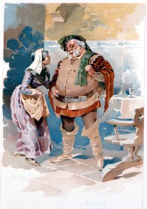 Akt III der Oper von Giuseppe Verdi „Falstaff“: Falstaff und Quickly („Voi le stregate tutte...“). Illustration von Hohenstein. Museo Teatrale alla Scala, Mailand 1893 von Adolfo Hohenstein