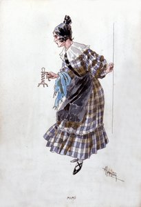 Kostüm der Figur Mimi für die Oper „La Bohème“ von Giacomo Puccini (1858-1924). Aquarell von Adolfo Hohenstein