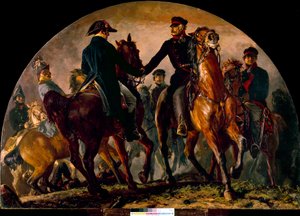 Treffen von Gebhard Leberecht von Blücher (1742-1819) und Arthur Wellesley Wellington (1769-1852) in der Schlacht von La Belle Alliance (1815). Gemälde von Adolf Menzel (1815-1905) von Adolph Menzel