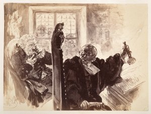 Adam, im Richterstuhl sitzend, schwingt die Schelle, rechts hinter ihm sitzt der Gerichtsrat und nimmt eine Prise, zu Heinrich von Kleist "Der zerbrochene Krug"