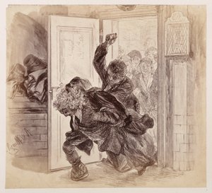 Adam, von Ruprecht verprügelt, stürzt aus dem Gerichtszimmer, Eve und die anderen sehen im Hintergrund zu, zu Heinrich von Kleist "Der zerbrochene Krug" von Adolph Menzel