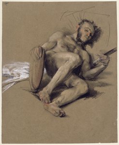 Aktstudie, bärtiger Mann am Boden auf der linken Seite ruhend mit Schwert und Schild in den Händen, Studie zur Adresse anlässlich der Volljährigkeit des Kronprinzen 1850 von Adolph Menzel