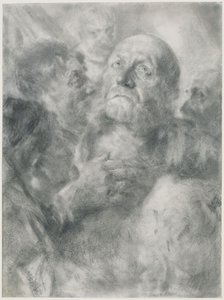 Aufblickender alter Mann und vier Gesichter von Adolph Menzel