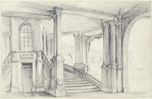 Blick durch den Stadtpavillon auf die südöstliche Bogengalerie im Zwinger in Dresden von Adolph Menzel