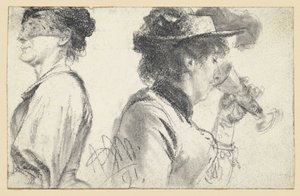 Brustbild einer Dame mit Schleier und Dame mit Hut, die aus einem Glas trinkt