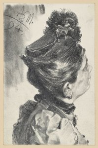 Brustbild einer aufblickenden Dame mit Hut, nach rechts von Adolph Menzel