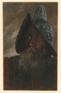 Brustbild eines bärtigen Soldaten mit Sturmhaube, etwas nach links gewendet von Adolph Menzel