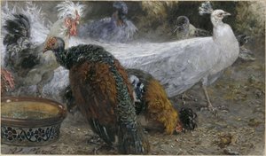 Der weiße Pfau mit Truthenne und Hühnern. Aus dem "Kinderalbum" von Adolph Menzel