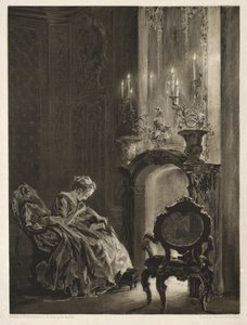 Essay über Stein mit Pinsel und Schaber: Frau liest am Kamin, 1851