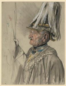 Friedrich Graf von Wrangel im Mantel mit Helm und Federbusch, fast Profil nach links, Porträtstudie zu "Die Krönung Wilhelms I. in Königsberg" von Adolph Menzel