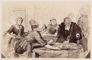 Frühstückspause. Die Mägde decken den Tisch, Adam schenkt ein. Links geht der Gerichtsrat ungeduldig auf und ab, zu Heinrich von Kleist "Der zerbrochene Krug"