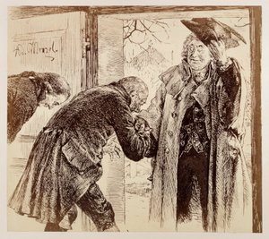 Gerichtsrat Walter tritt, freundlich den Hut lüftend, von rechts zur Tür herein, von Adam und Licht untertänig begrüßt, zu Heinrich von Kleist "Der zerbrochene Krug" von Adolph Menzel
