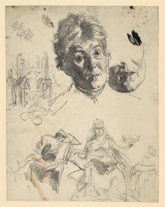 Kopf einer älteren Frau, Kinnpartie wiederholt, Architekturskizze, figürliche Skizze zu einer Allegorie von Adolph Menzel