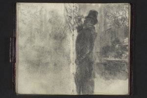Mann mit Zylinder und Regenschirm, an der Wand hängende Zettel durchsehend von Adolph Menzel