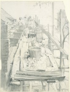 Maurer bei der Arbeit auf einem Gerüst von Adolph Menzel