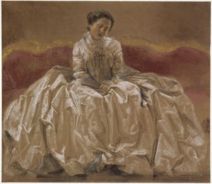 Modellstudie (Menzels Schwester Emilie) für Prinzessin Wilhelmine von Preußen auf dem Sofa sitzend. Vorstudie zum Gemälde "Flötenkonzert Friedrichs des Großen in Sanssouci" von Adolph Menzel