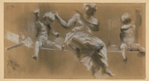 Plastisches Bildwerk auf einem Gesims, allegorische weibliche Figur von Putten flankiert, die die Malerei (r.) und die Bildhauerei (l.) symbolisieren von Adolph Menzel