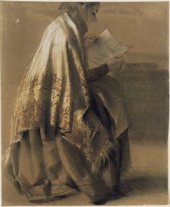 Sitzende, lesende Frau im weiten Umschlagtuch von Adolph Menzel