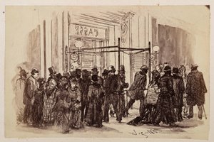 Theaterkasse, die Käufer schieben sich von rechts an die erleuchtete Kasse und entfernen sich nach links, zu Heinrich von Kleist "Der zerbrochene Krug" von Adolph Menzel