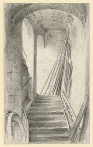 Treppe mit abgestellten Brettern in Dresden von Adolph Menzel
