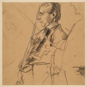 Violinspieler. Halbfigur. Profil nach links. Rechts Profilskizze. Vorstudie zum Gemälde "Flötenkonzert Friedrichs des Großen in Sanssouci"