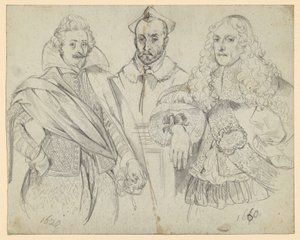 Zwei Würdenträger von 1620 und 1660, in der Mitte ein Kardinal. Nachzeichnungen historischer Darstellungen von Adolph Menzel