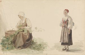 Frau, die Eichenblätter pflückt und Kari Andersdatter von Adolph Tidemand