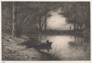 Ein Fischer in einem bewaldeten Teich am Abend von Adolphe Appian