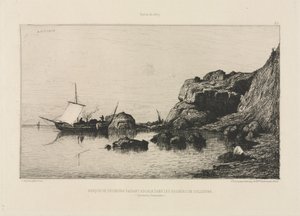 Fischerboot macht einen Hafenanlauf an den Felsen von Collioure, 1878