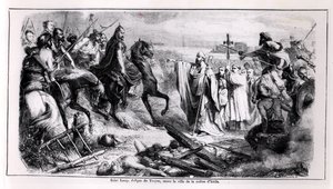 St. Loup verteidigt die Stadt Troyes gegen Attila den Hunnen (ca. 406-453) auf seinem Pferd, Illustration aus einer Geschichte Frankreichs, 2. Hälfte 19. Jahrhundert von Adolphe Francois Pannemaker