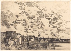 Dorf am Ufer eines Flusses von Adolphe Hervier