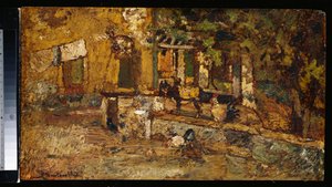 Bauernhof mit einem Esel und Hähnen von Adolphe Joseph Thomas Monticelli