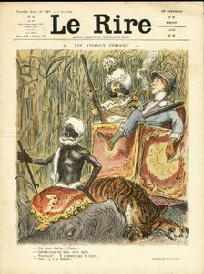 Illustration von Adolphe dit Willette (1857-1926) für das Cover von Le Rire, 08/05/09 - Wilde Tiere - Antifeminismus, Hobbys, Jagd Jäger, Indien, Britisch-Indien, Tiere - Elefant, Frauen, Tiger