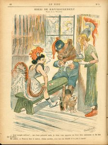 Lachen, Satirisch in Farben: Krawatte der Annäherung - Kartenspiel - Marianne, Bär, Albion Britannia - Illustration von Adolphe (Willette) (1857-1926)