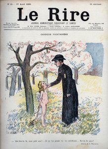 Frühlingskandor - In einem Blumenwald streichelt ein Priester das Gesicht eines nackten Kindes, das hinter seinem Rücken einen Bogen und Pfeile sowie ein Paar Flügel versteckt. Nicht wissend, dass er Amor ist, fragt er ihn, ob er neu ist, da ihn noch nie j von Adolphe Leon Willette