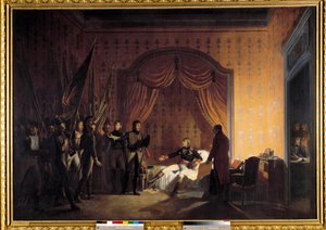 Erste Italienkampagne (1796-1797): „Napoleon Bonaparte (1769-1821) empfängt in Millesimo die bei der Schlacht von Montenotte und der Eroberung von Cossaria erbeuteten Austrosardischen Fahnen, präsentiert von den Generälen Marmont und Jean Andoche Junot (Je von Adolphe Roehn