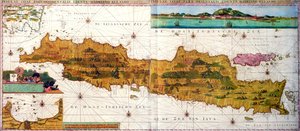 Insulae lavae, eine große Faltkarte von Java mit zwei Einsätzen, die beide Ansichten von Batavia (Jakarta) darstellen, niederländisch, veröffentlicht von Gerard van Keulen, Amsterdam, ca. 1715