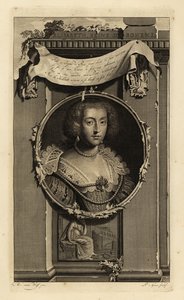 Elisabeth Stuart, Königin von Böhmen, Kurfürstin der Pfalz, Frau von Friedrich V., dem Winterkönig. In Kleid mit gesteppten geschlitzten Ärmeln, Spitzenkragen mit Perlen. Vignette einer Frau, die über eine gefallene Krone nachdenkt. Kupferstich von Charles