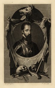 Porträt von Ferdinand Alvarez de Toledo y Pimentel, 3. Herzog von Alba, oder der Eiserne Herzog. In Rüstung mit Kette des Ordens vom Goldenen Vlies. Mit Wolfspelz, menschlichen Schädeln, Schwert, Dolch und Steinschlosspistole. Kupferstich