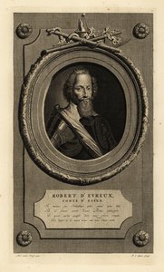 Robert Devereux, 2. Earl of Essex, Favorit von Elisabeth I. In Spitzenkragen, Rüstung, Schärpe. Kupferstich von Pieter Stevens van Gunst nach Adriaen van der Werff aus Isaac de Larrey