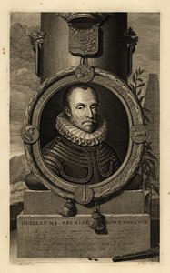 Wilhelm I., Prinz von Oranien, Wilhelm der Schweiger oder Wilhelm der Schweigsame. Guillaume, Premier Prinz d’Orange. In Rüstung mit Spitzenkrause, Wappen oben, Steinschlosspistole und Bleikugeln unten. Kupferstich von Gerard Valck nach Adriaen van