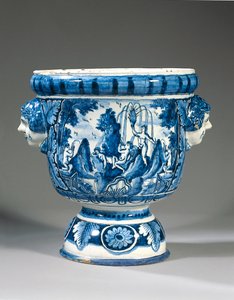 Delfter blau-weißer zweihandiger mythologischer Gartenpokal von Adriaen (fl.1868 d.1701) (attr.to) Kocks