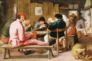 Bauern rauchen und trinken an einem Tisch in einer Taverne, ca. 1625